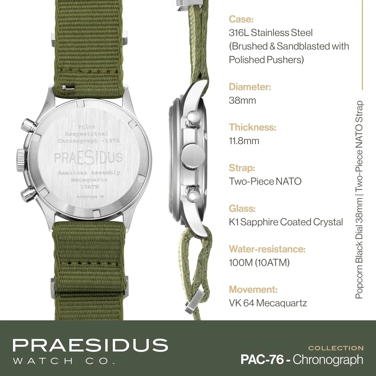   - Men's Military Chronograph Watch, 38mm, Yellow Indexes, Black Dial, Stainless Steel Bonklip/Leather/Canvas Bracelet