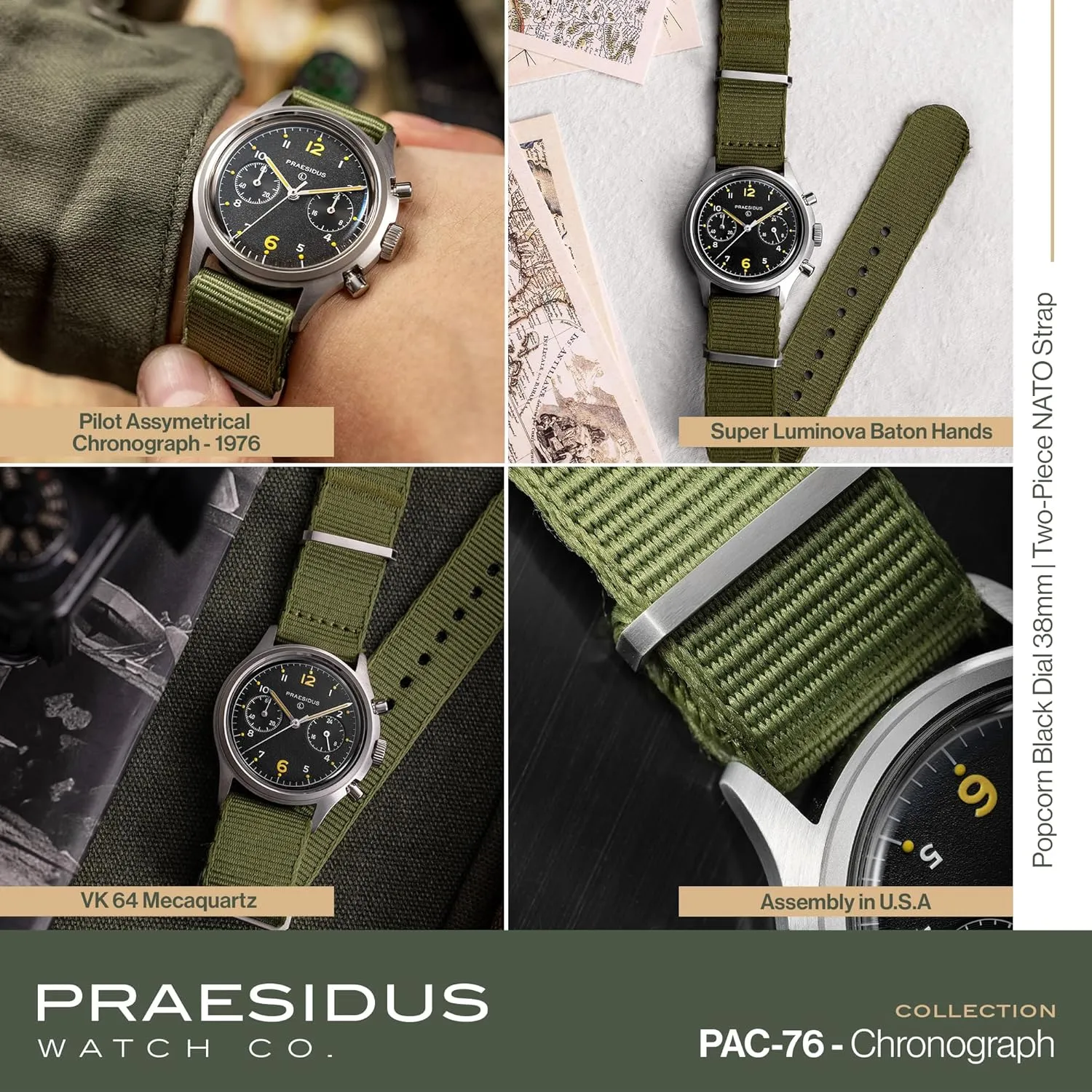   - Men's Military Chronograph Watch, 38mm, Yellow Indexes, Black Dial, Stainless Steel Bonklip/Leather/Canvas Bracelet