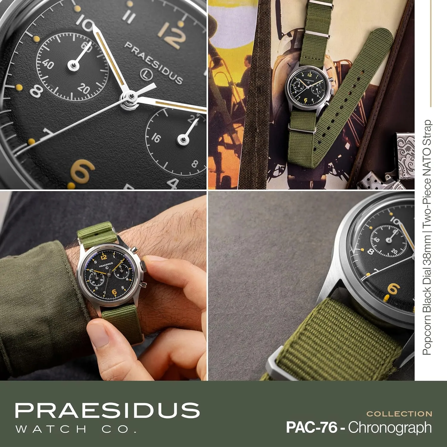   - Men's Military Chronograph Watch, 38mm, Yellow Indexes, Black Dial, Stainless Steel Bonklip/Leather/Canvas Bracelet