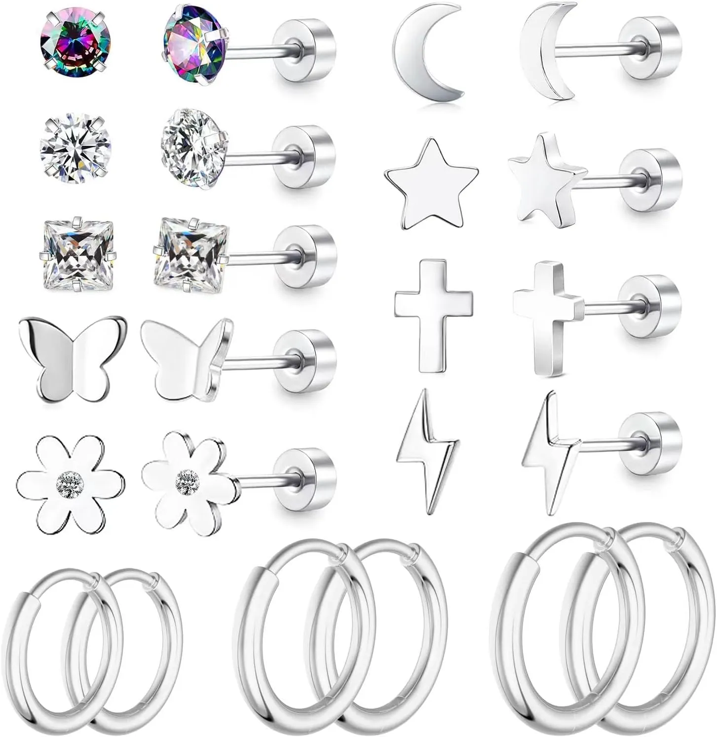 12 Pairs Flat back Surgical Stainless Steel Huggie hoop Earrings Studs Set for Multiple Piercing Star Moon Butterfly flower Cross Lightning CZ Small Stud Earrings Hypoallergenic Cartilage Earringsfor Women men