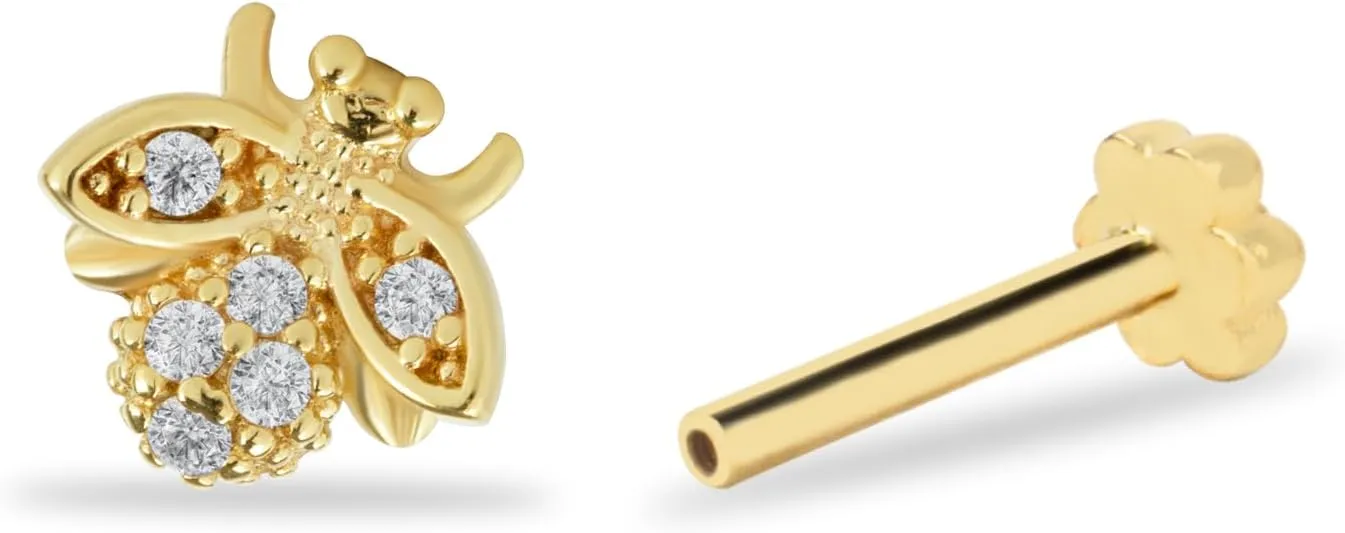 14K Solid Gold Tragus Cartilage Honey Bee Earring with Screw Back - Hypoallergenic Post Flat Back Stud Earrings- Tragus Helix Piercing Jewelry - Luxury Fashion Gifts (7MM, CZ YELLOW GOLD)