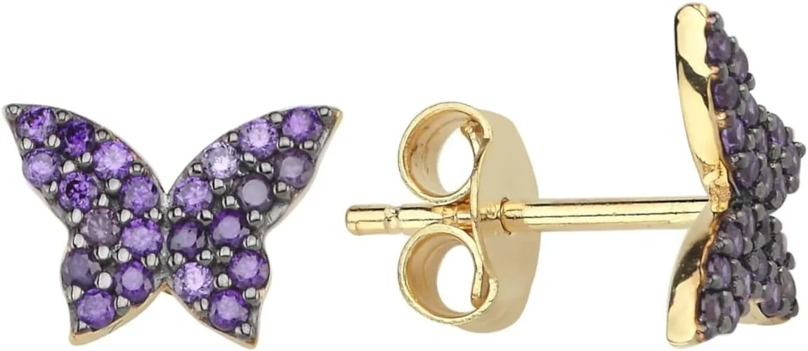 14k Solid Gold Zircon Stone Butterfly Stud Earrings - Hypoallergenic Earrings, Dainty Jewelry for Women | Butterfly, Heart Gold Earrings