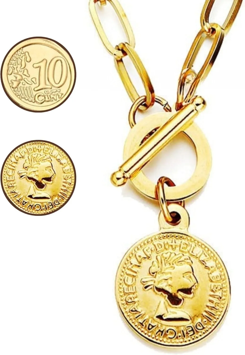 14K Yellow Gold Coin Toggle Necklace - 925 Sterling Silver Toggle Necklace for Women - Coin Toggle Necklaces Women - Minimalist Toggle Choker Necklace with Chain for Women