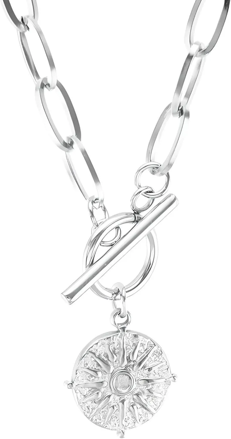 14K Yellow Gold Star Toggle Necklace - 925 Sterling Silver Sun Coin Necklace for Women - Minimalist Choker With Chain