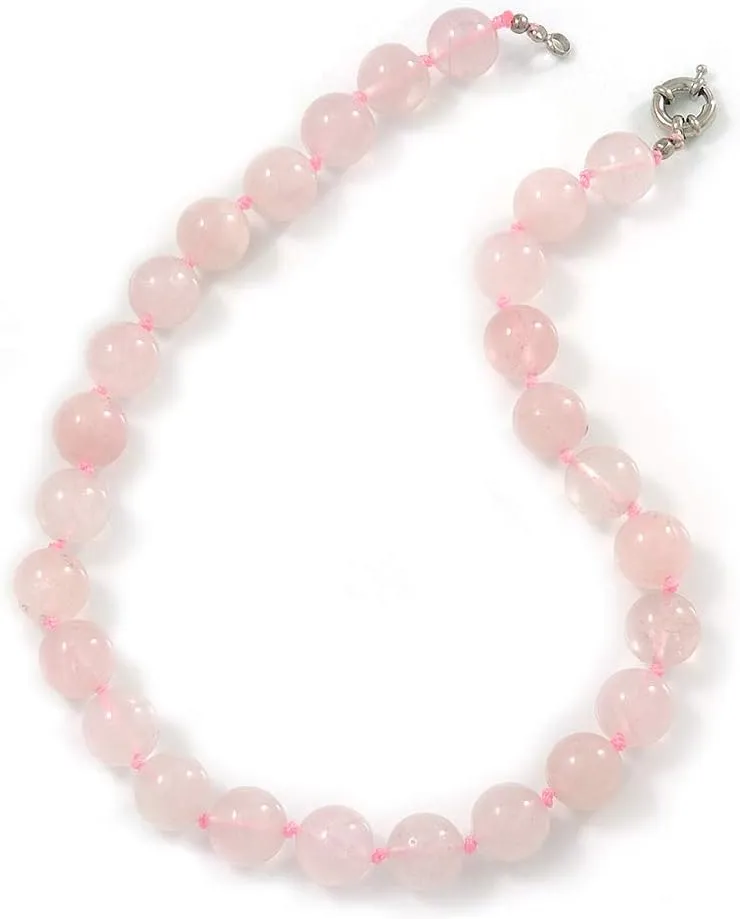 14mm Rose Quartz Round Semi-Precious Stone Necklace With Spring Ring Closure - 46cm L