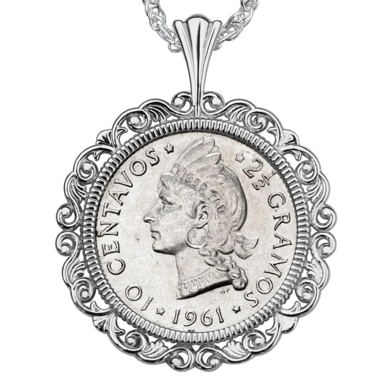 1961 Dominican Republic 10 Centavos. 0.900 Silver Coin Soild 925 Sterling Silver Necklace NEW - Native Princess