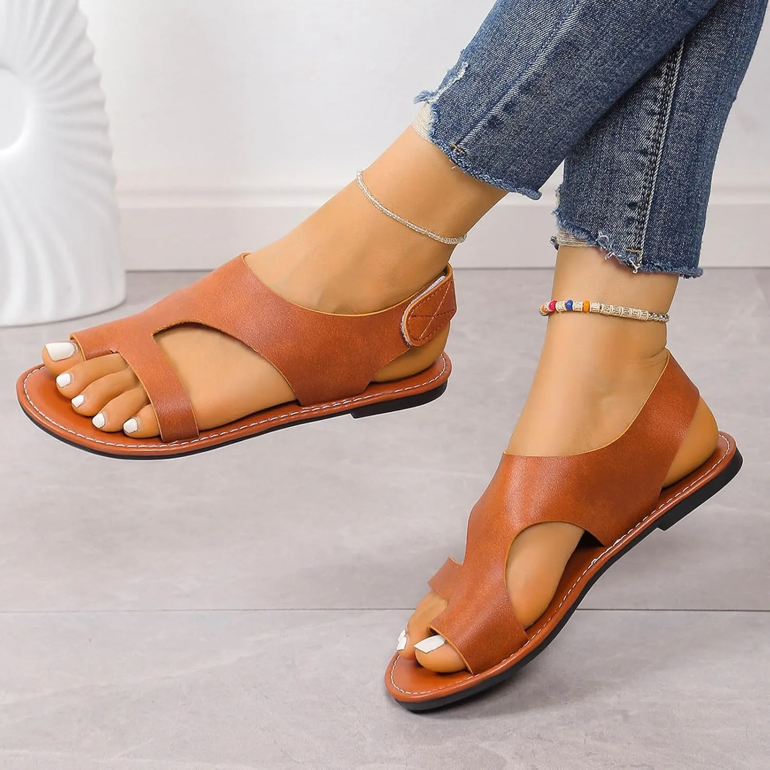 2025 Women Flats Sandals,Indoor/Outdoor Casual Shoe Summer Beach Vacation Slippers Comfortable Ladies Dress Breathable Slip-On Soft Cushion Summer Toe Ring Non-Slip Walking Footwear