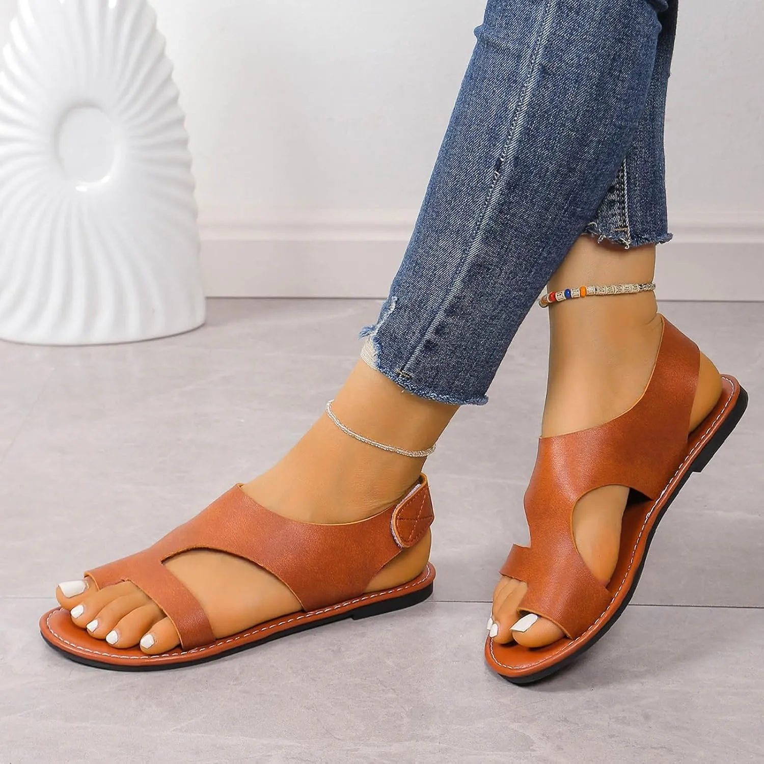 2025 Women Flats Sandals,Indoor/Outdoor Casual Shoe Summer Beach Vacation Slippers Comfortable Ladies Dress Breathable Slip-On Soft Cushion Summer Toe Ring Non-Slip Walking Footwear