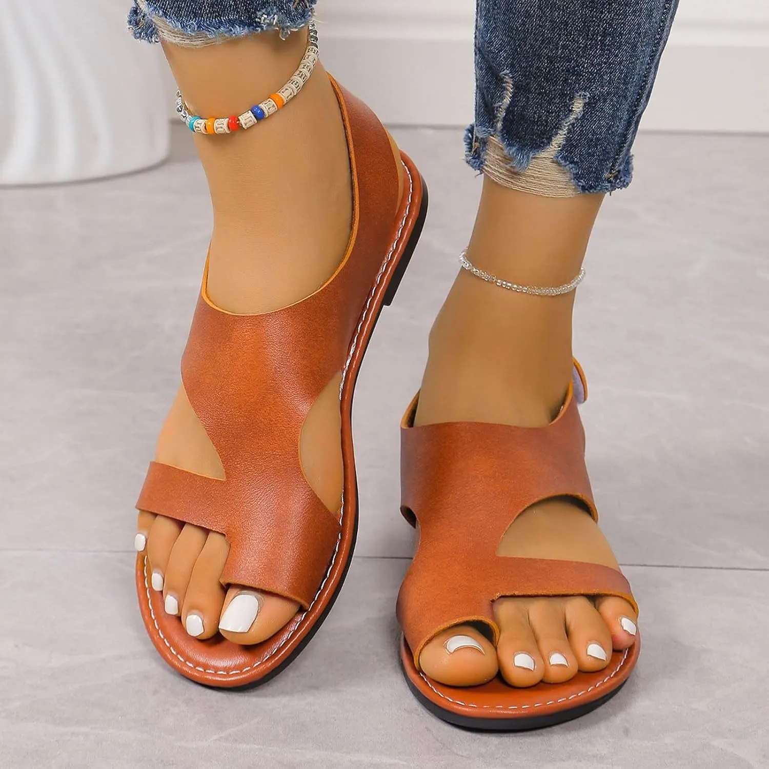 2025 Women Flats Sandals,Indoor/Outdoor Casual Shoe Summer Beach Vacation Slippers Comfortable Ladies Dress Breathable Slip-On Soft Cushion Summer Toe Ring Non-Slip Walking Footwear