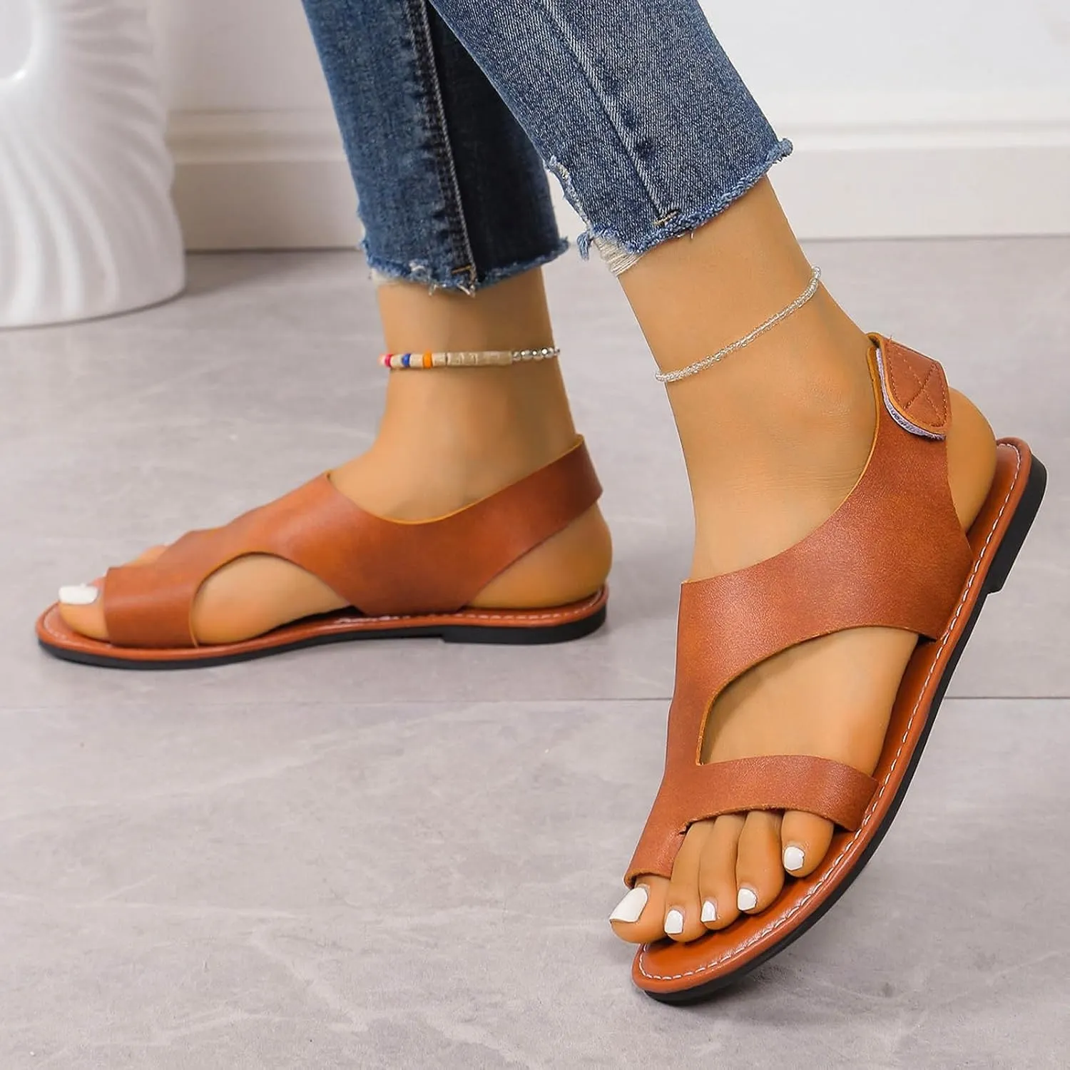 2025 Women Flats Sandals,Indoor/Outdoor Casual Shoe Summer Beach Vacation Slippers Comfortable Ladies Dress Breathable Slip-On Soft Cushion Summer Toe Ring Non-Slip Walking Footwear