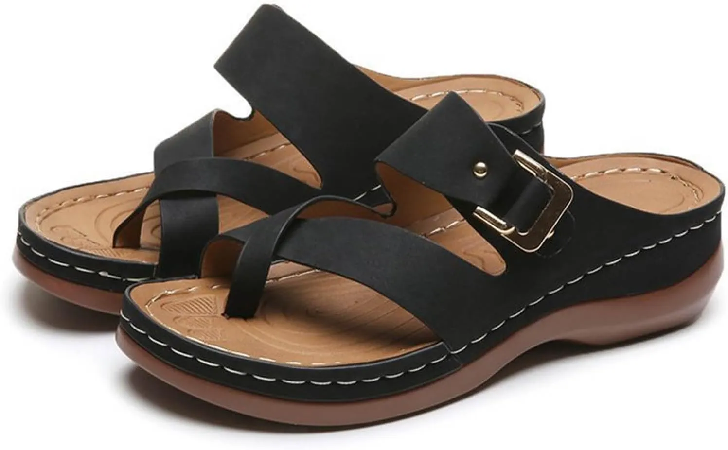 2025 Women Orthopedic Sandals Comfortable Stylish Toe Ring Height Increase Slip-On Slippers Summer Dressy Beach Vacation Wedge Heel Shoe Breathable Peep Toe Walking Casual Footwear with Arch Support
