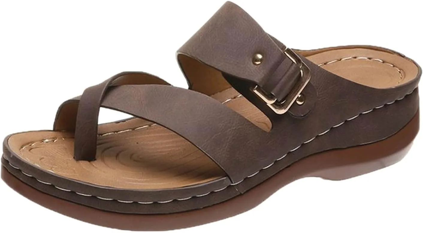 2025 Women Orthopedic Sandals Comfortable Stylish Toe Ring Height Increase Slip-On Slippers Summer Dressy Beach Vacation Wedge Heel Shoe Breathable Peep Toe Walking Casual Footwear with Arch Support