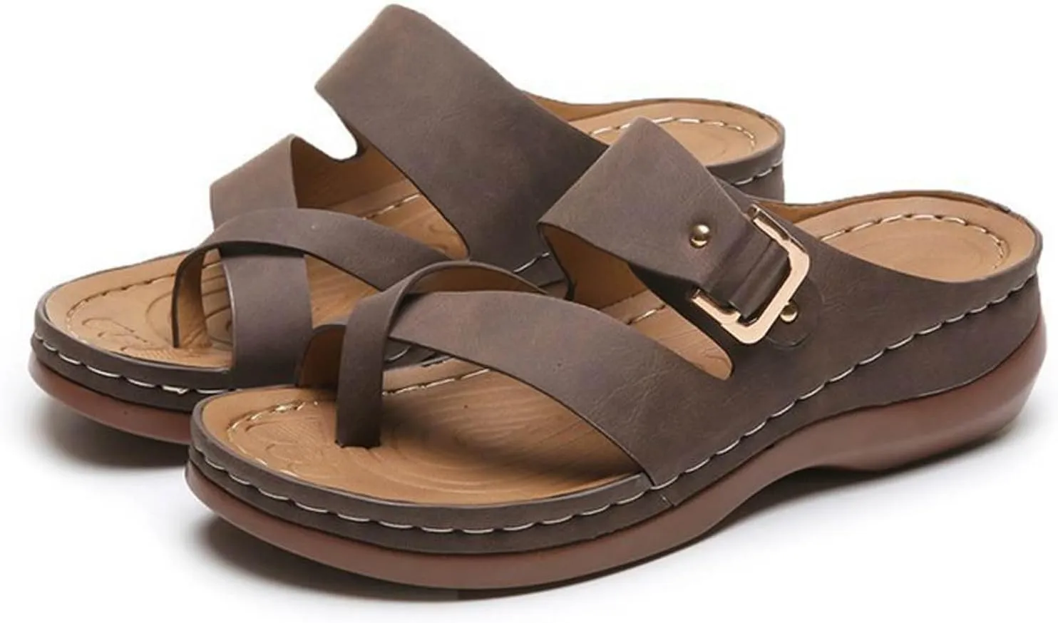 2025 Women Orthopedic Sandals Comfortable Stylish Toe Ring Height Increase Slip-On Slippers Summer Dressy Beach Vacation Wedge Heel Shoe Breathable Peep Toe Walking Casual Footwear with Arch Support