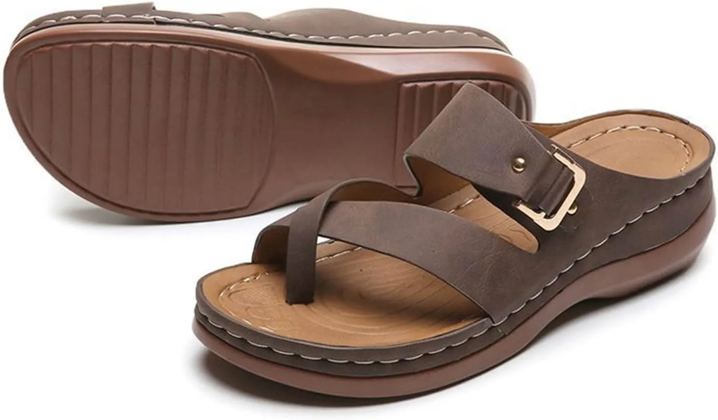 2025 Women Orthopedic Sandals Comfortable Stylish Toe Ring Height Increase Slip-On Slippers Summer Dressy Beach Vacation Wedge Heel Shoe Breathable Peep Toe Walking Casual Footwear with Arch Support