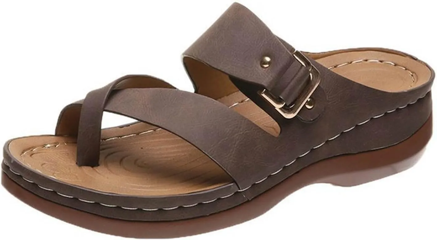 2025 Women Orthopedic Sandals Comfortable Stylish Toe Ring Height Increase Slip-On Slippers Summer Dressy Beach Vacation Wedge Heel Shoe Breathable Peep Toe Walking Casual Footwear with Arch Support