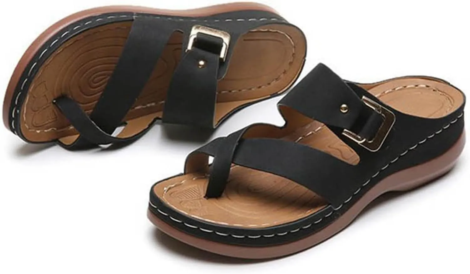 2025 Women Orthopedic Sandals Comfortable Stylish Toe Ring Height Increase Slip-On Slippers Summer Dressy Beach Vacation Wedge Heel Shoe Breathable Peep Toe Walking Casual Footwear with Arch Support