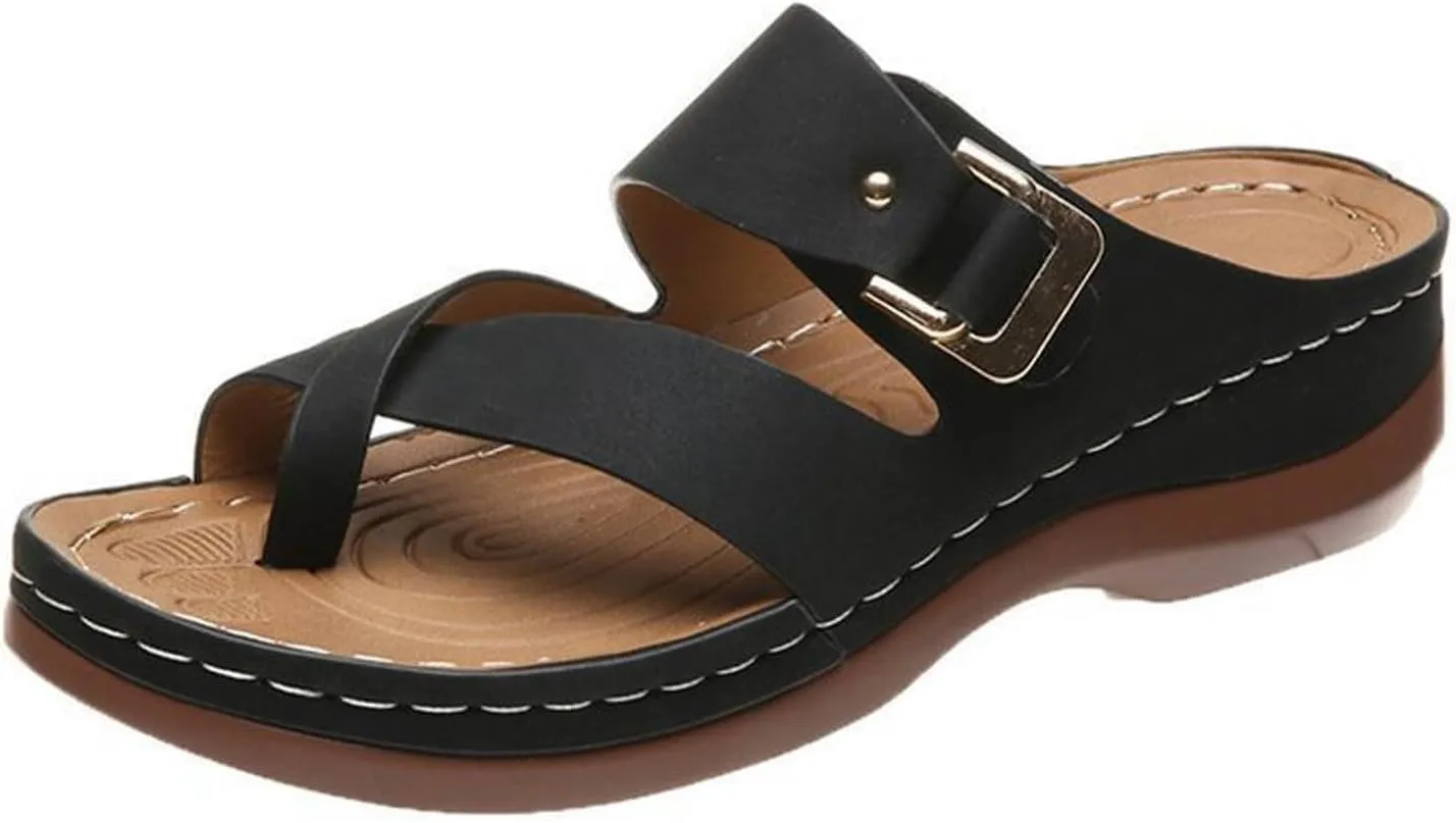 2025 Women Orthopedic Sandals Comfortable Stylish Toe Ring Height Increase Slip-On Slippers Summer Dressy Beach Vacation Wedge Heel Shoe Breathable Peep Toe Walking Casual Footwear with Arch Support