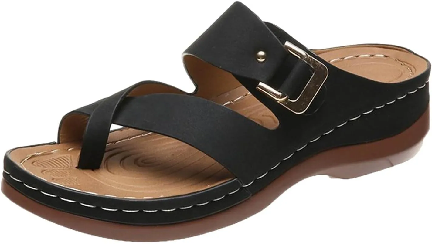 2025 Women Orthopedic Sandals Comfortable Stylish Toe Ring Height Increase Slip-On Slippers Summer Dressy Beach Vacation Wedge Heel Shoe Breathable Peep Toe Walking Casual Footwear with Arch Support