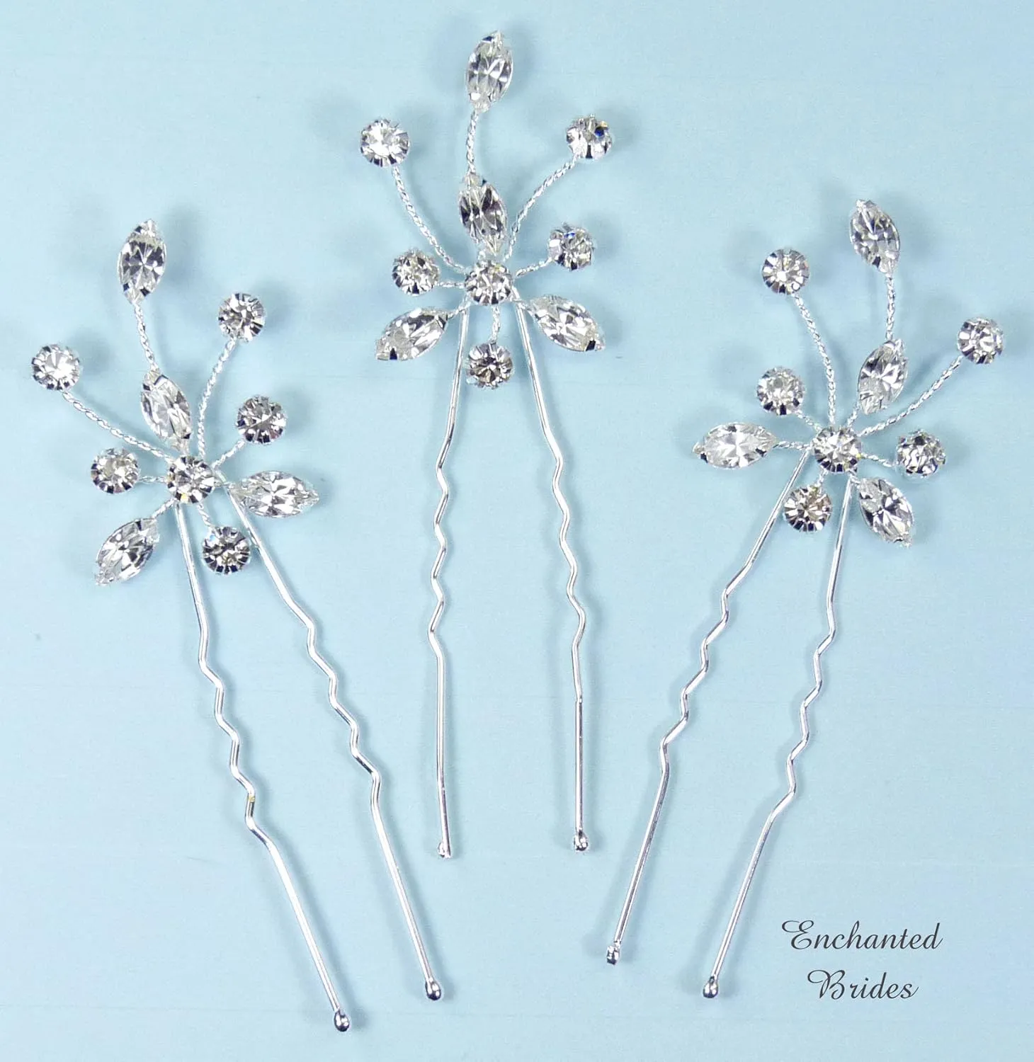 3-Piece Set Handcrafted Delicate Flexible Wire Hairpin of Sparkling Marquise and Round Rhinestone Twisted Wires for Wedding, Prom, Quinceaera or Other Special Events (#827A0cs)