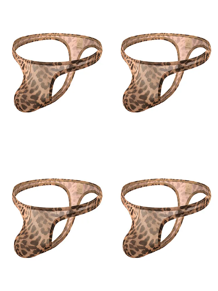 4 Pack Leopard Print See-through Mesh Thongs