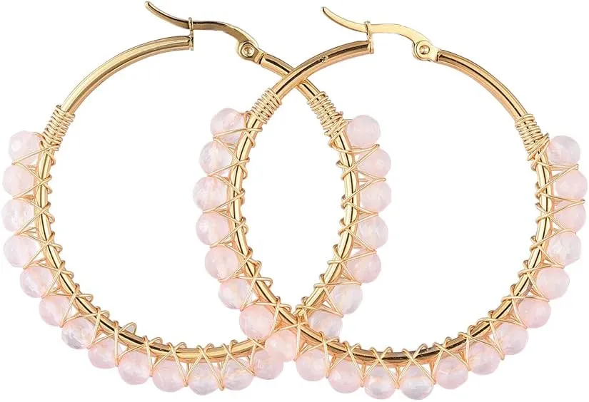 4 Pairs 304 Stainless Steel Beaded Large Hoop Earring Golden Plated Round Ring Earrings with Natural Rose Quartz Beads Gold Big Hoop Earrings for Women