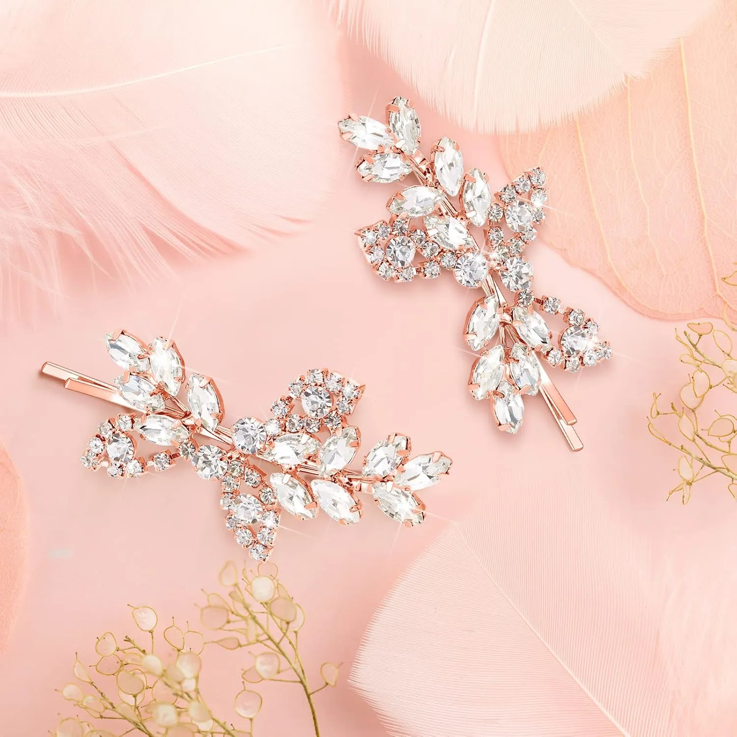 4 Pieces Leaf Pearl Crystal Hair Clips Elegant Bridal Hairpins and Barrettes for Women Girls (Rose Gold, Rhinestone Style)