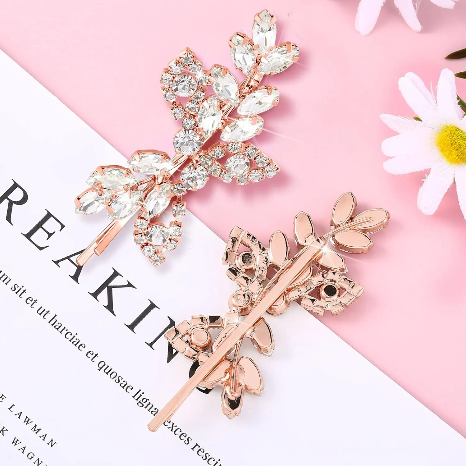 4 Pieces Leaf Pearl Crystal Hair Clips Elegant Bridal Hairpins and Barrettes for Women Girls (Rose Gold, Rhinestone Style)