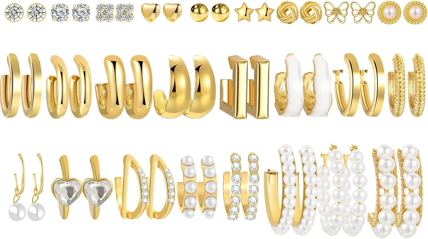 45 Pairs Gold Earring Set for Women, Fashion Stud Pearl Earrings Multipack, Hypoallergenic Twisted Heart Earring Pack, Gold Hoops Earrings for Party Jewelry with Gift Bag (Gold-LB26)