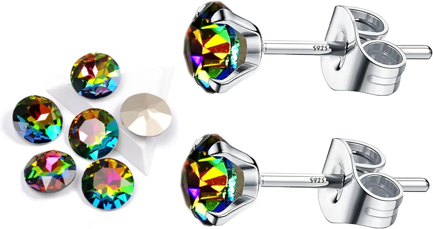 4mm Sunnyshopday Pure Brilliance Iridescent Crystal Stud Earrings For Women  Solid 18K Gold Post And 925 Sterling Silver  Premium Quality Faux Diamond Stud CZ Stud Earrings