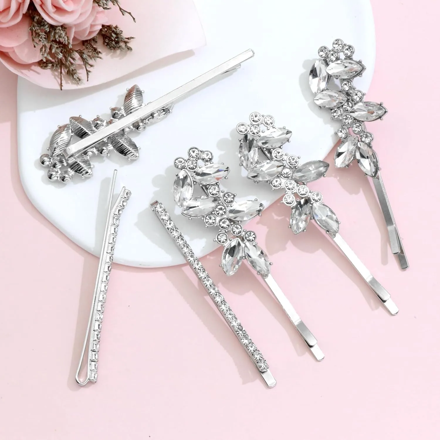 4Pcs Rhinestone Hair Clips,Bridal Hairpins,2 styles French Hairpins,Leaf Shape Barrettes for Women,Girls for Parties,Wedding