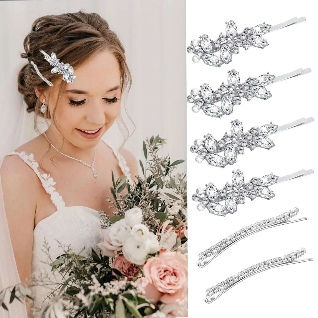 4Pcs Rhinestone Hair Clips,Bridal Hairpins,2 styles French Hairpins,Leaf Shape Barrettes for Women,Girls for Parties,Wedding