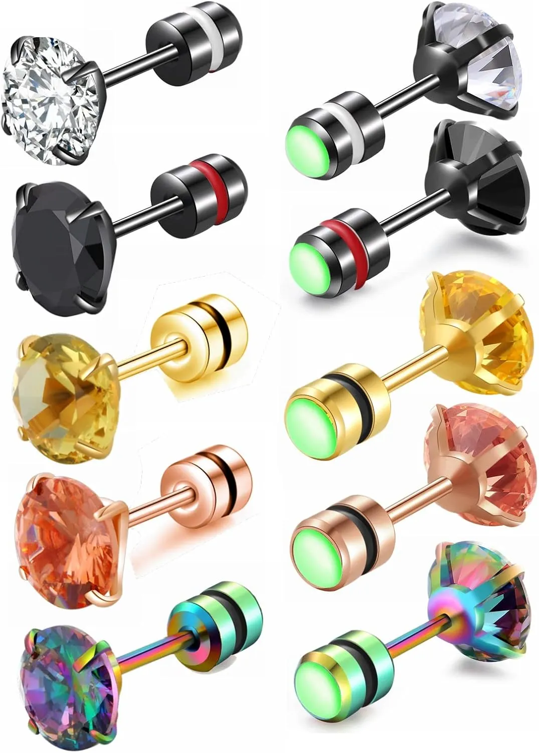 5 Pairs Titanium Stud Earrings Screw Back for Women Men,Stainless Steel Stud Earrings Hypoallergenic,Men's Earrings Rainbow 5A Cubic Zirconia Crystal Studs Double Side Earrings Piercing Sleeper Sensitive Studs Jewelry for Women