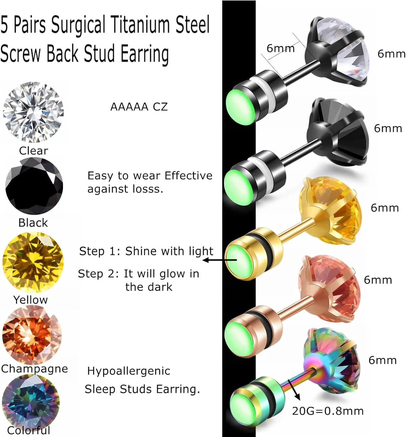 5 Pairs Titanium Stud Earrings Screw Back for Women Men,Stainless Steel Stud Earrings Hypoallergenic,Men's Earrings Rainbow 5A Cubic Zirconia Crystal Studs Double Side Earrings Piercing Sleeper Sensitive Studs Jewelry for Women