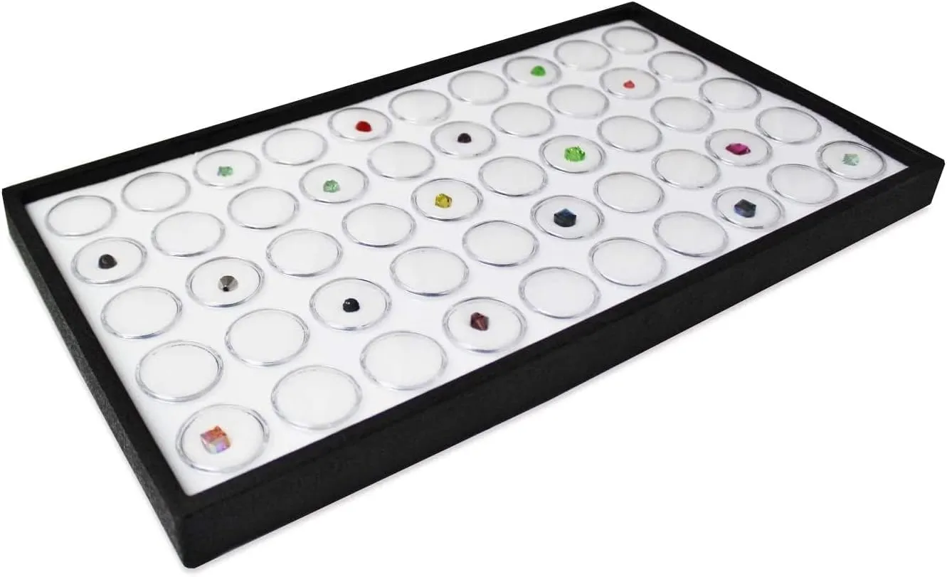 50 White Foam Gem with Stackable Tray for Gemstones, Watch Parts, Jewelry Findings Storage Organizer. Free Jewelry Polishing Cloth