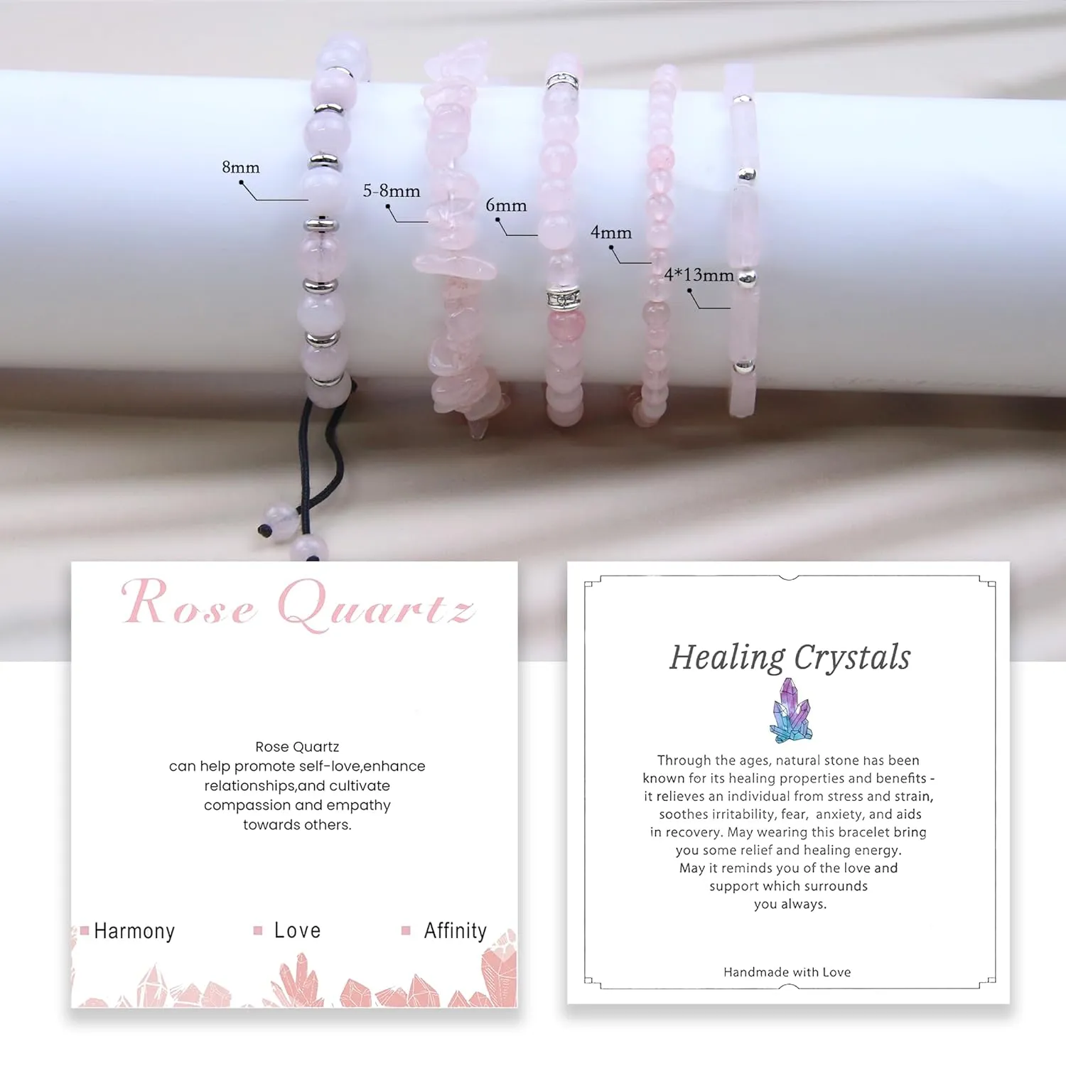 5Pcs Rose Quartz Bracelet Handmade Stretch Bracelets For Women Beaded Bracelets Healing Crystals Bracelet Set Jewelry Gift