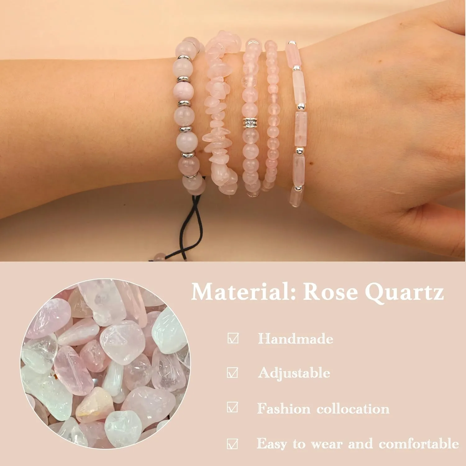 5Pcs Rose Quartz Bracelet Handmade Stretch Bracelets For Women Beaded Bracelets Healing Crystals Bracelet Set Jewelry Gift