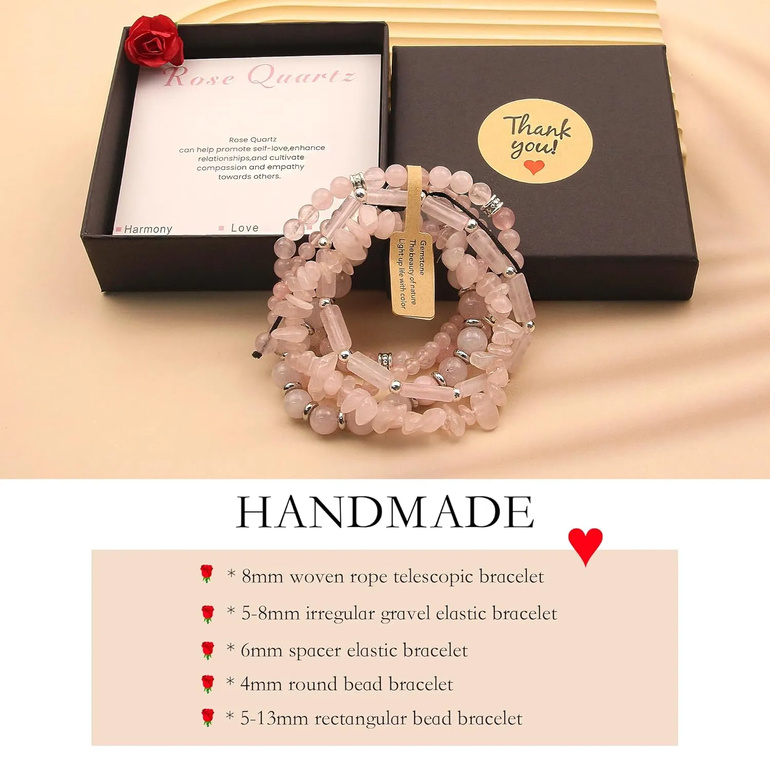 5Pcs Rose Quartz Bracelet Handmade Stretch Bracelets For Women Beaded Bracelets Healing Crystals Bracelet Set Jewelry Gift