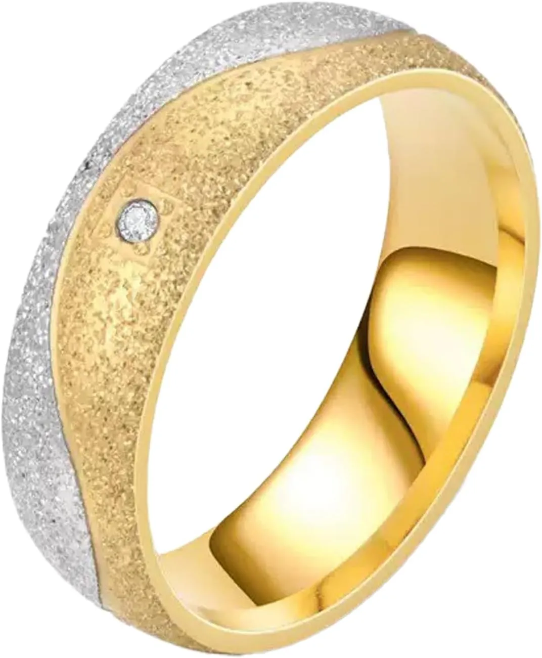 6mm Yin-Yang Stainless Steel Ring - Gold & Sandblasted Dual Tone Band, Single Diamond Accent, Unisex Stackable Ring for Minimalist Style