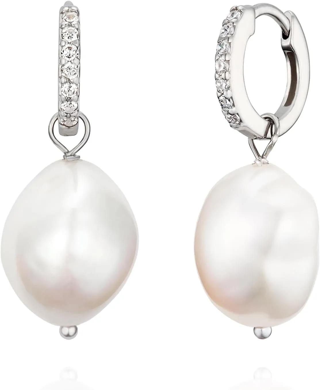 925 Sterling Silver Bohemian Zircon Baroque Pearl Huggie Hoop Drop Earrings