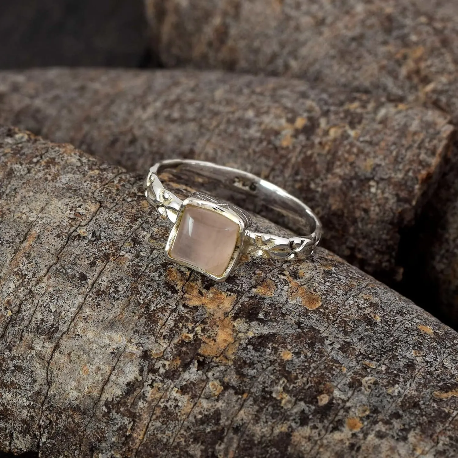 925 Sterling Silver Ring For Womens Natural Rose Quartz Ring Sterling Silver Engagement Ring Bezel Set Gemstone Ring