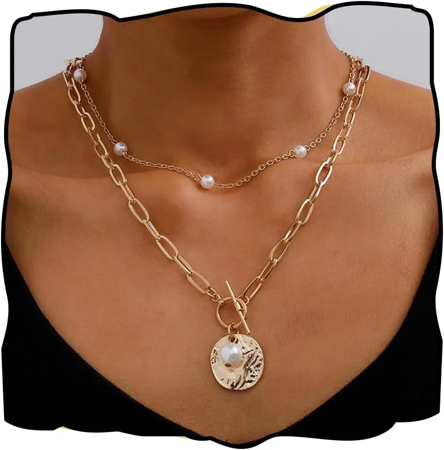 Abien Layered Necklace for Women Gold Coin Pendant Necklace Chain Boho Pearl Neckalce Choker