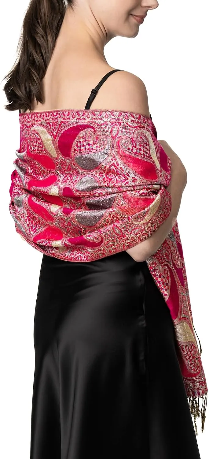 Achillea Womens Paisley Pattern Sparkling Metallic Pashmina Shawl Wrap Scarf Stole