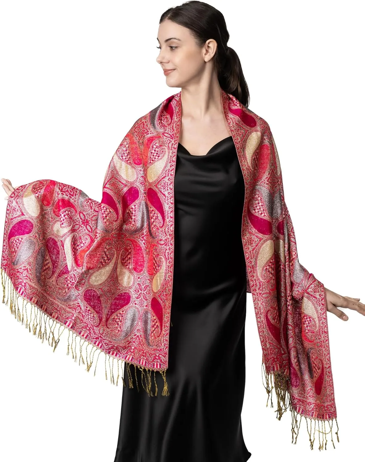 Achillea Womens Paisley Pattern Sparkling Metallic Pashmina Shawl Wrap Scarf Stole