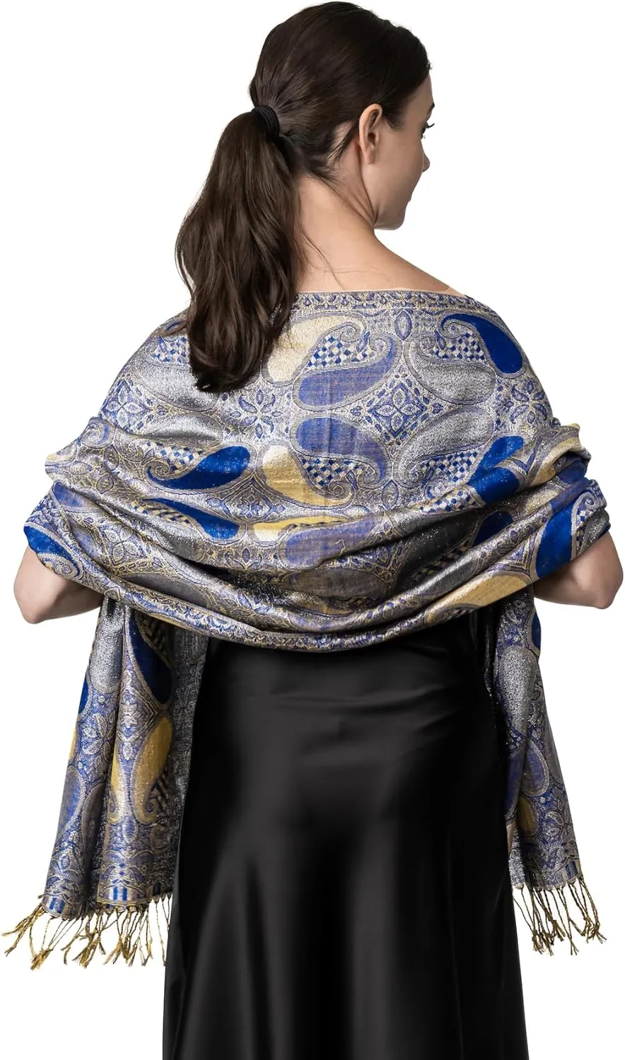 Achillea Womens Paisley Pattern Sparkling Metallic Pashmina Shawl Wrap Scarf Stole