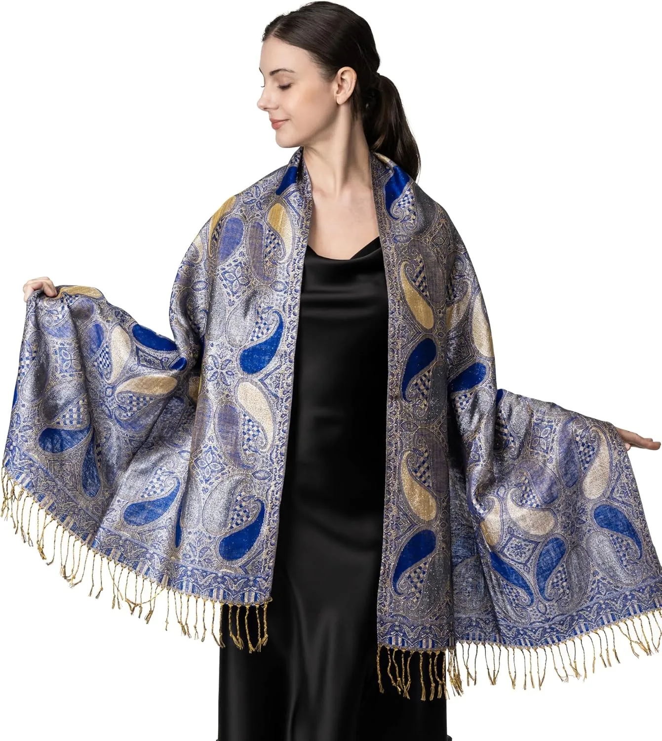 Achillea Womens Paisley Pattern Sparkling Metallic Pashmina Shawl Wrap Scarf Stole