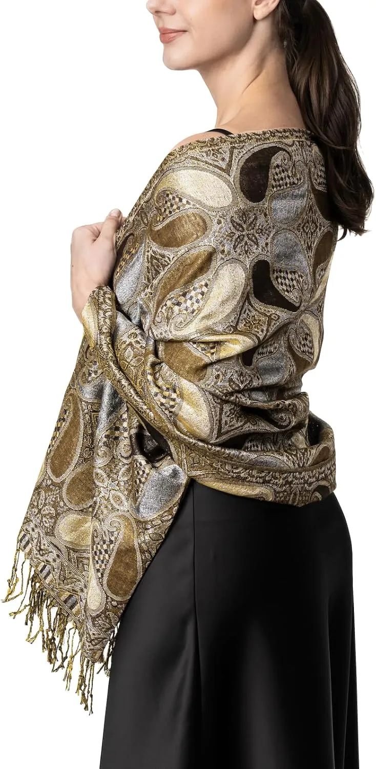 Achillea Womens Paisley Pattern Sparkling Metallic Pashmina Shawl Wrap Scarf Stole