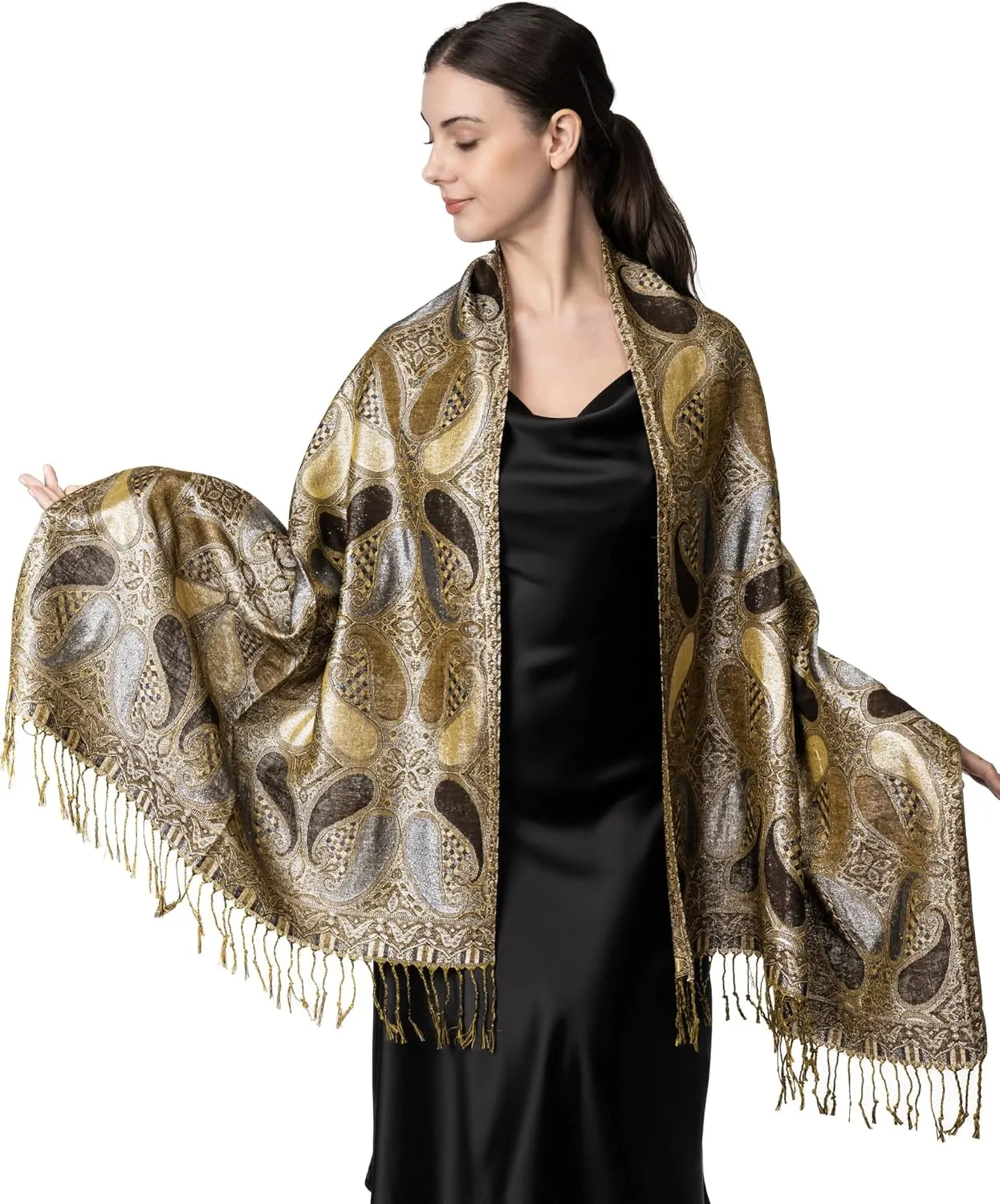 Achillea Womens Paisley Pattern Sparkling Metallic Pashmina Shawl Wrap Scarf Stole
