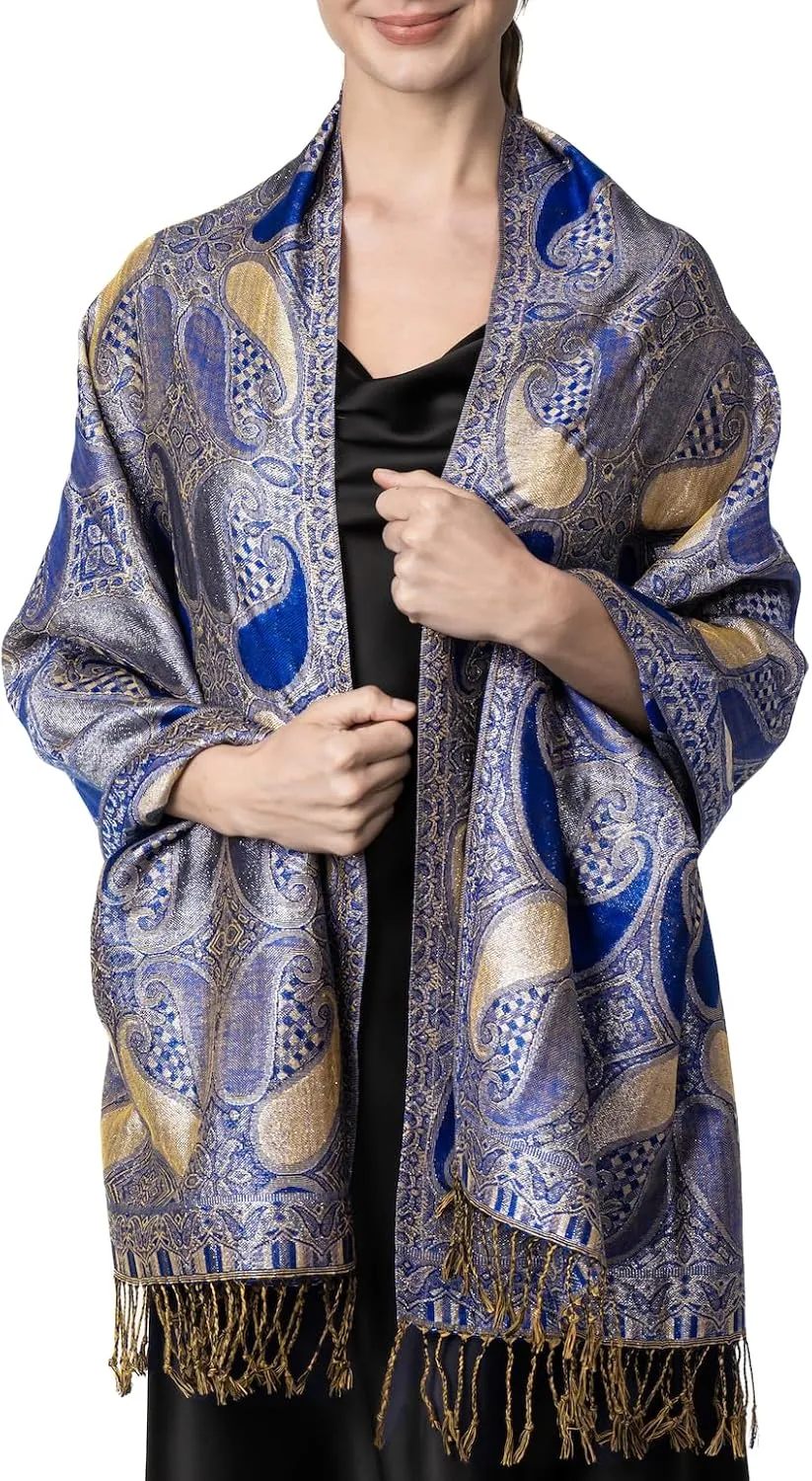 Achillea Womens Paisley Pattern Sparkling Metallic Pashmina Shawl Wrap Scarf Stole