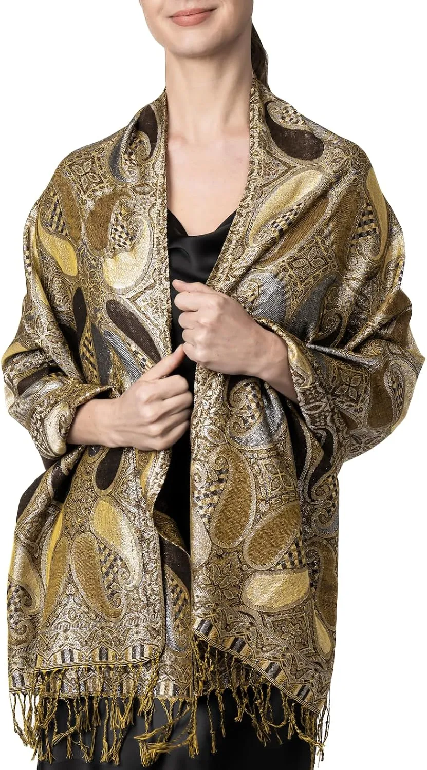 Achillea Womens Paisley Pattern Sparkling Metallic Pashmina Shawl Wrap Scarf Stole