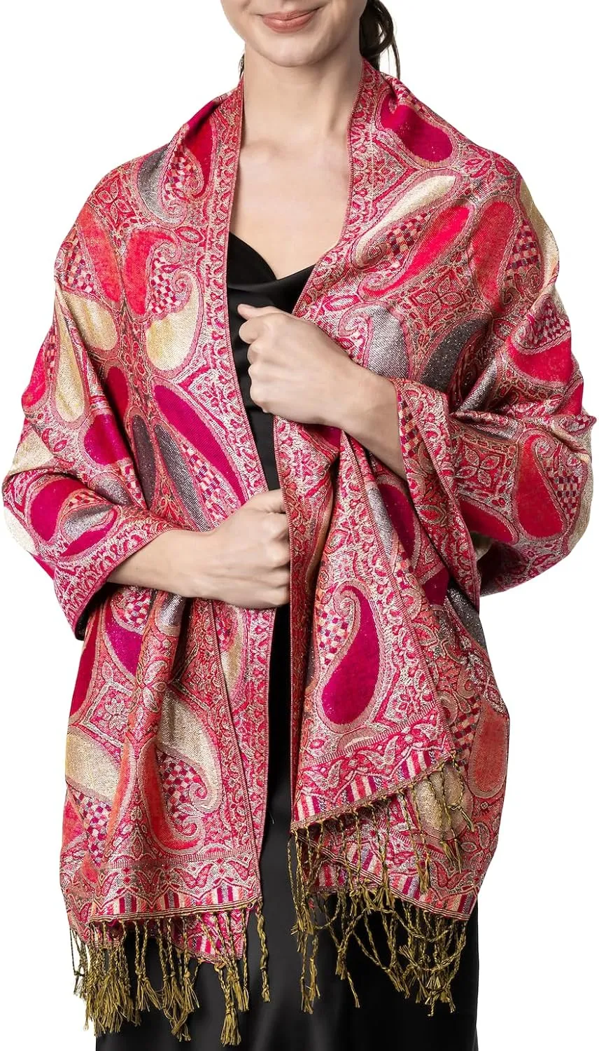 Achillea Womens Paisley Pattern Sparkling Metallic Pashmina Shawl Wrap Scarf Stole